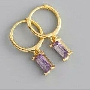18KT GOLD/925 STERLING SILVER AMETHYST CRYSTAL DIAMOND CZ DANGLE HUGGIE HOOPS☆NE